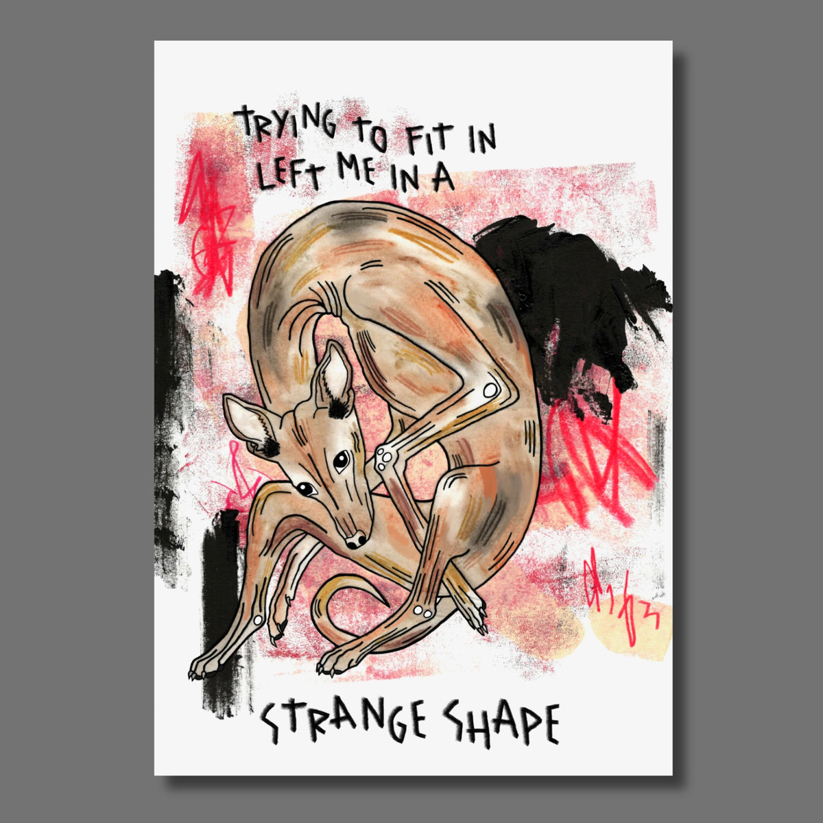 Motiv Strange Shape: Windhund verbogen auf Hintergrund mit schwarzen und roten Tönen. Im Vordergrund Schriftzug zum Thema Anpassen und Verbiegen.