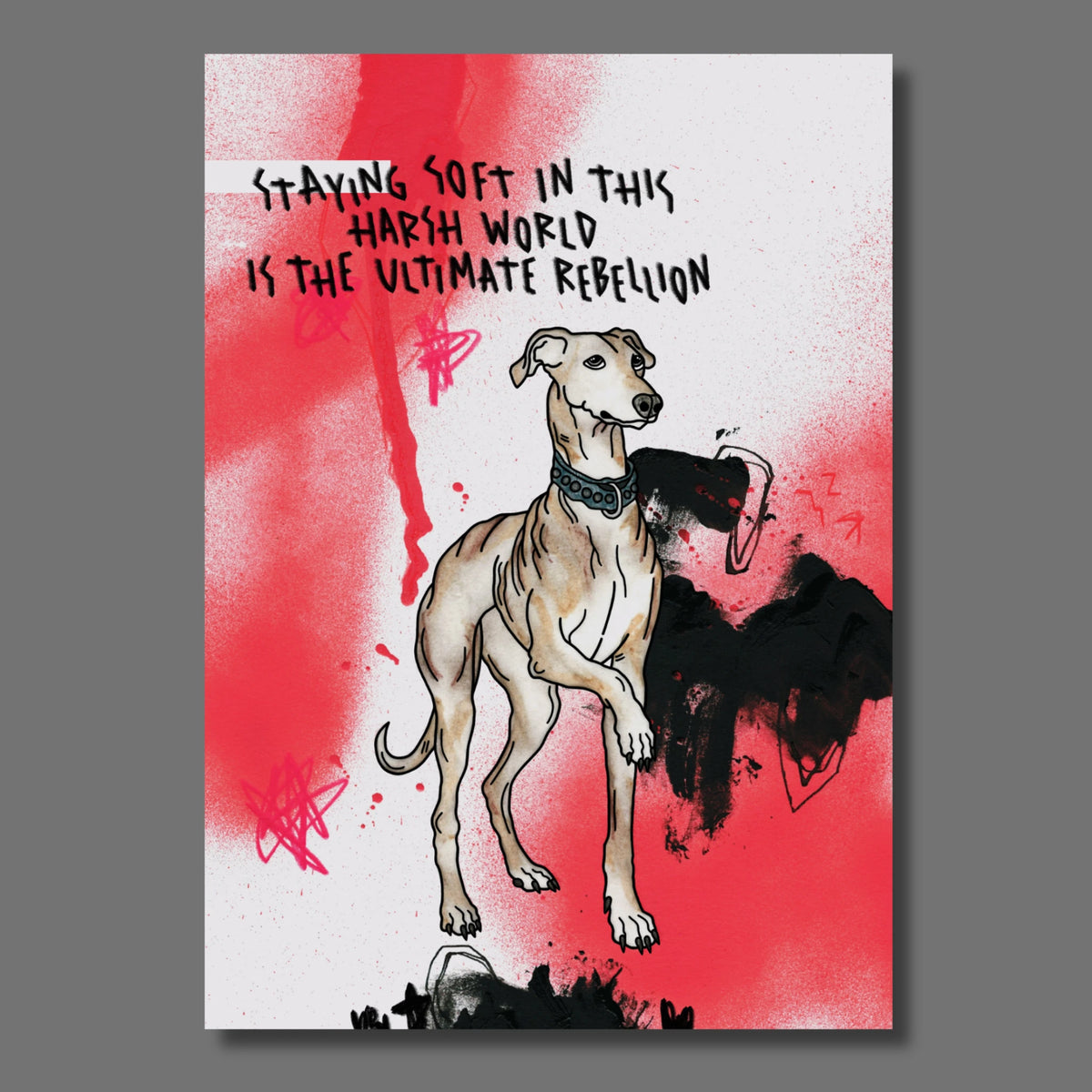 Windhund auf Hintergrund mit rot/schwarzen Mustern und der Aufschrift: Staying soft in this harsh world is the ultimate rebellion.